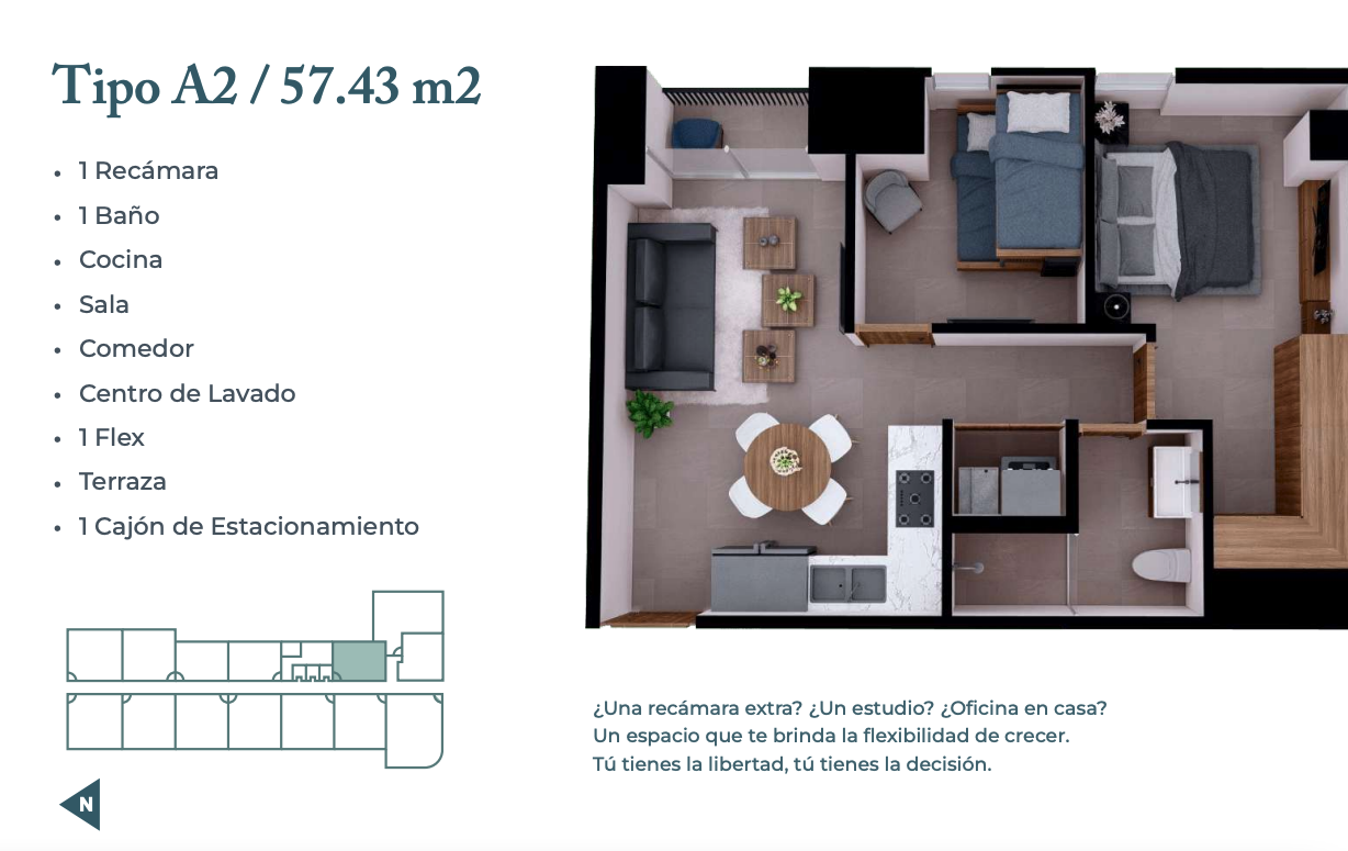 Departamento Torre Arena - 1 Recamara + 1 Recamara Flex